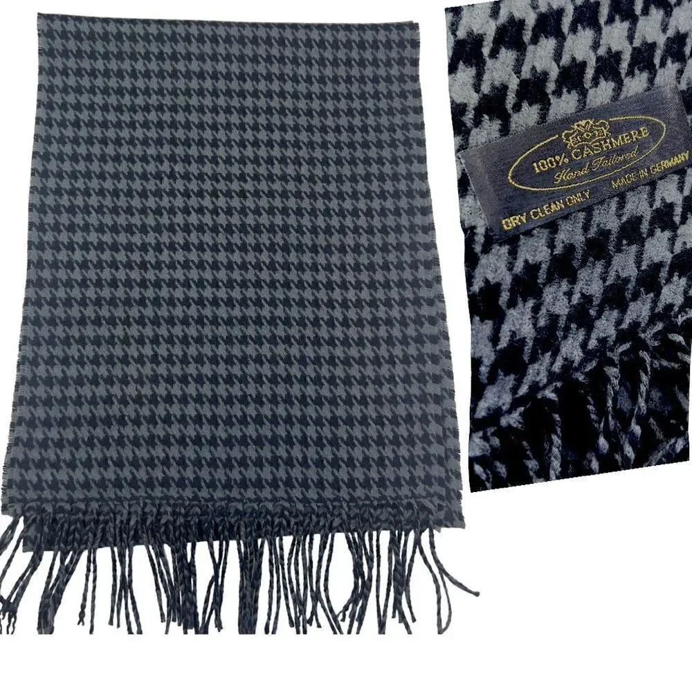 Unisex Cashmere Houndstooth Rectangular Fringed Scarf Wrap Gray Black One Size